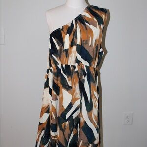 SHEIN One-Shoulder Dress in Brown and Black Abstract